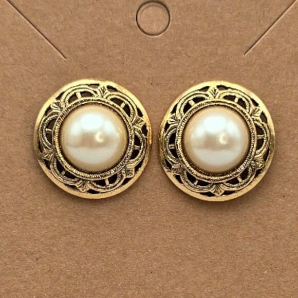 Pearl Button Gold Filigree Stud Earrings – Victorian Revival 1928 Style - Picture 3 of 7